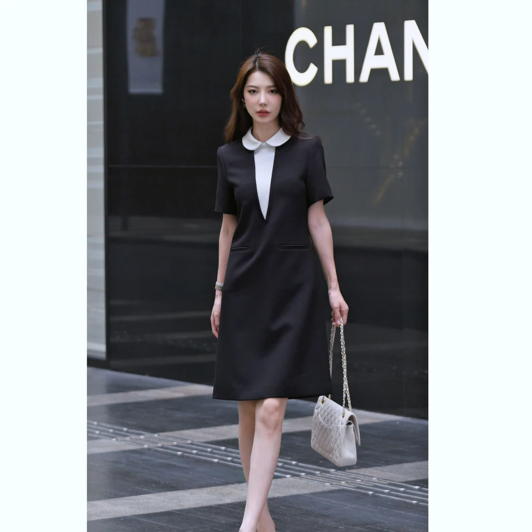 25夏短袖醋酸显瘦气质假两件秀场款连衣裙夏季小黑裙黑色裙子Y117