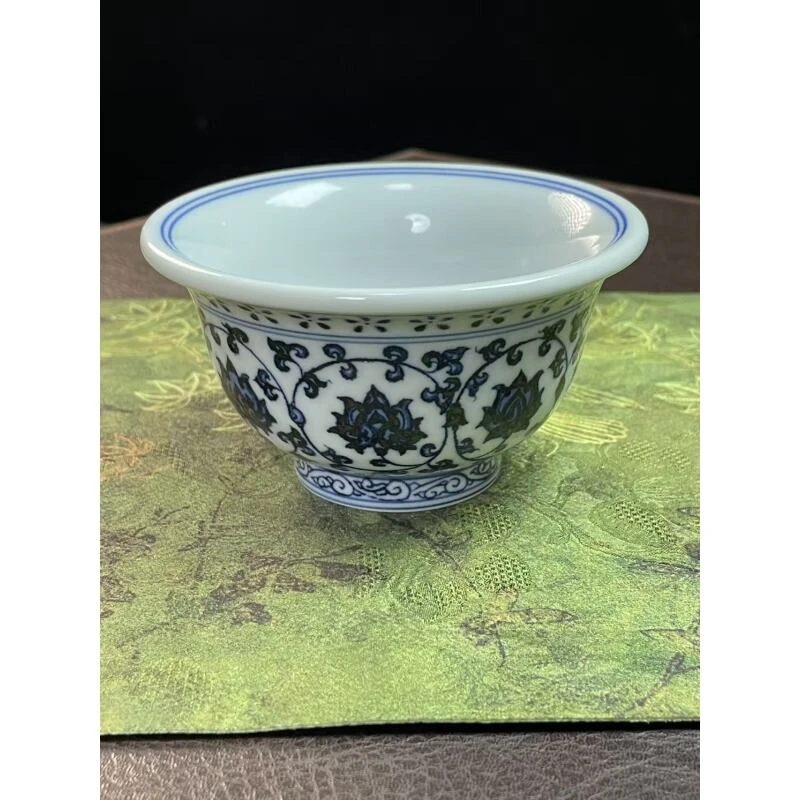 景德镇仿古泥仿古釉手工手绘釉下彩青花陶瓷杯子压手杯缠枝莲120m