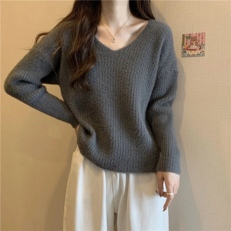 奶糯风仿水貂绒v领毛衣女秋冬季古着穿搭宽松慵懒打底针织衫上衣