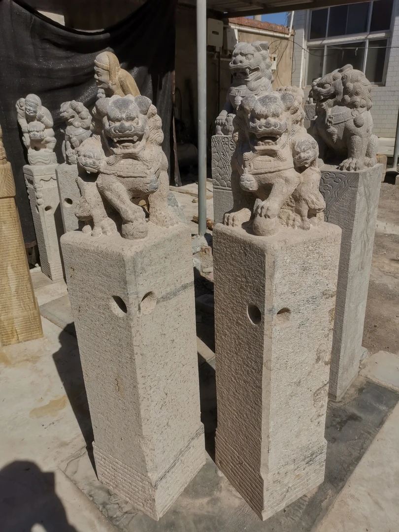 中式做旧拴马桩石雕摆件含石狮子貔貅用于庭院园林