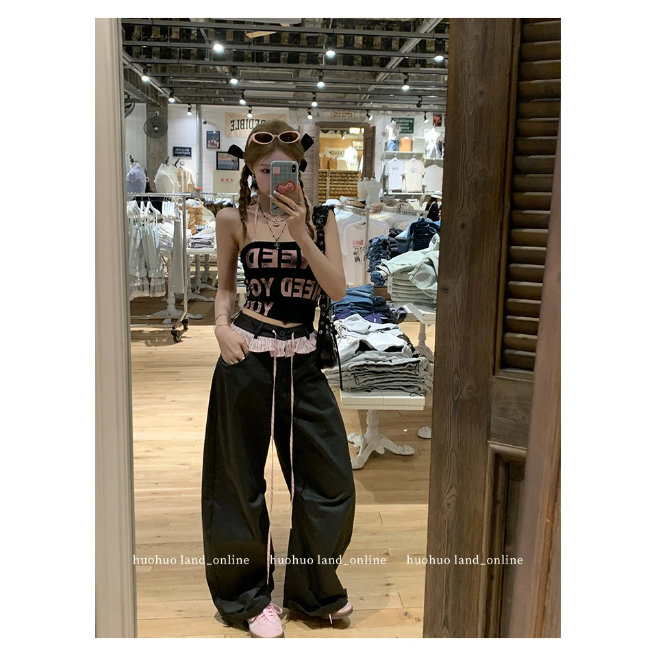 韩版花边拼接抽绳设计感直筒休闲裤女2025年夏季小众宽松阔腿长裤