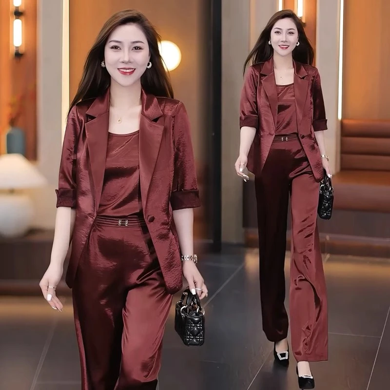 时尚西装套装女2025春季新款洋气五分袖西服外套吊带阔腿裤三件套