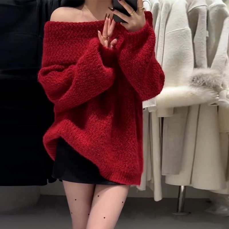 大码女装红色一字肩毛衣加厚女2025超火秋季新款慵懒风设计感上衣