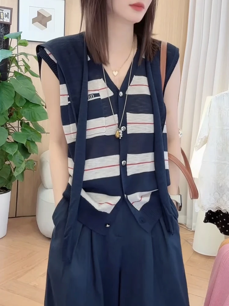 条纹撞色披肩两件套针织背心开衫女2025夏季新款时尚短款无袖上衣