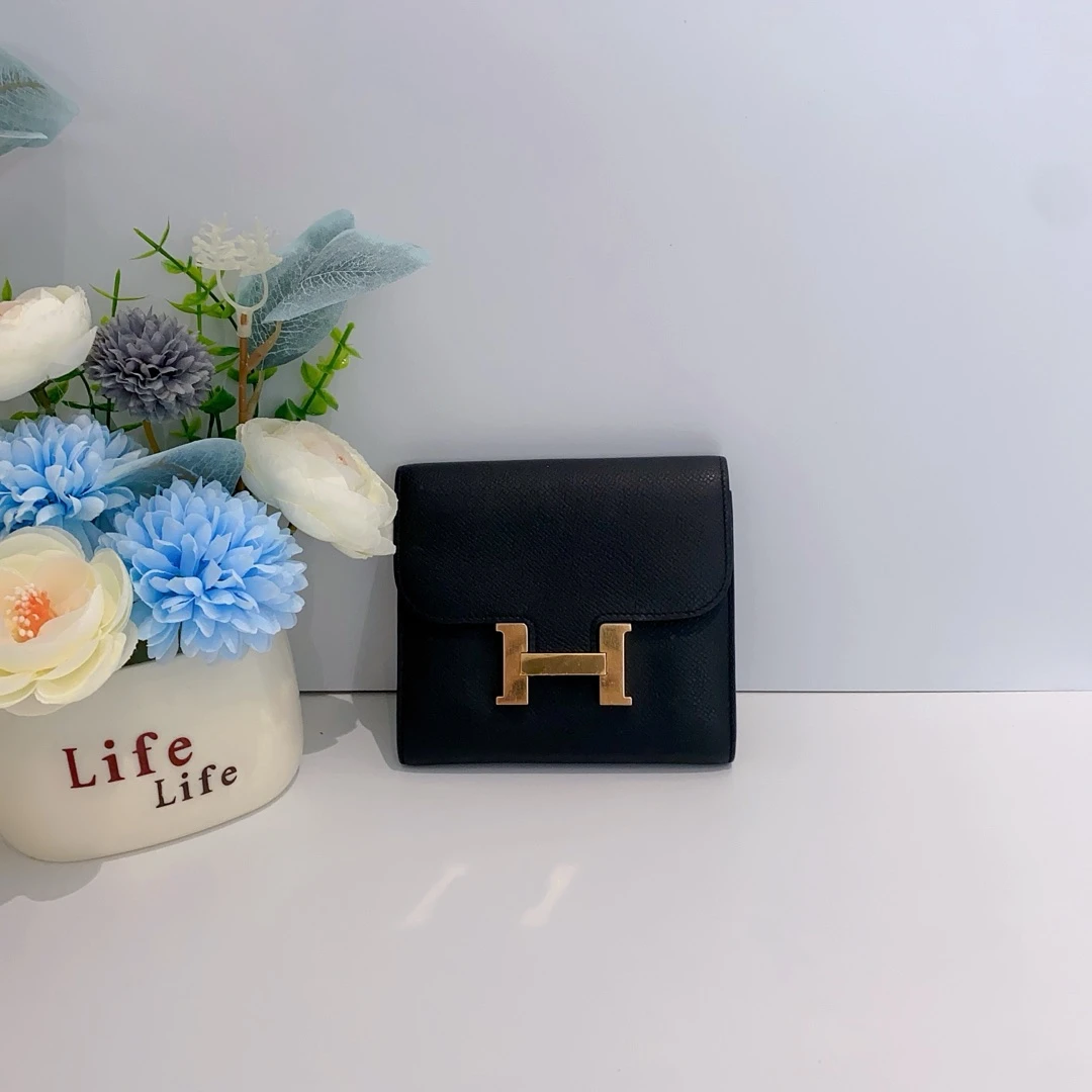95新 Hermes/爱马仕 黑金康康钱包d刻14452240