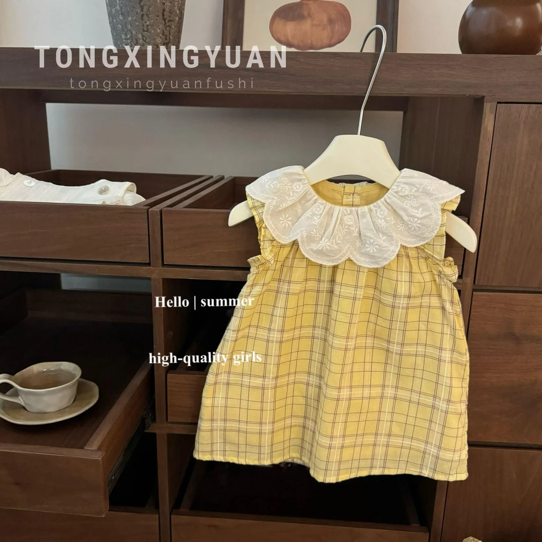 【夏新款】法式复古黄格纹！女宝宝娃娃翻领刺绣裙子飞飞袖公主裙