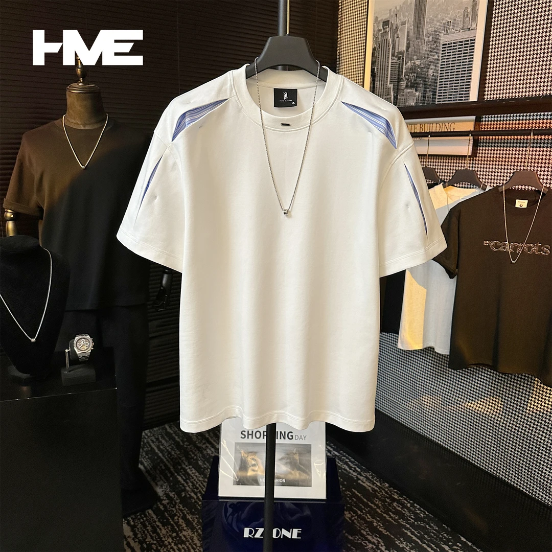 【HMEYAO】夏季原创重磅T恤手工拼接设计液态冰感棉简约百搭短袖男