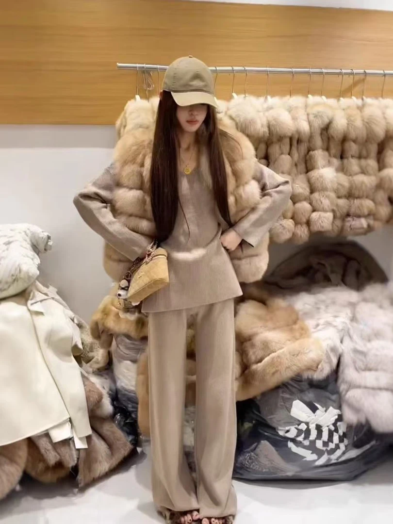 慵懒风针织套装女秋冬松弛感宽松长袖上衣阔腿裤两件套极简风穿搭