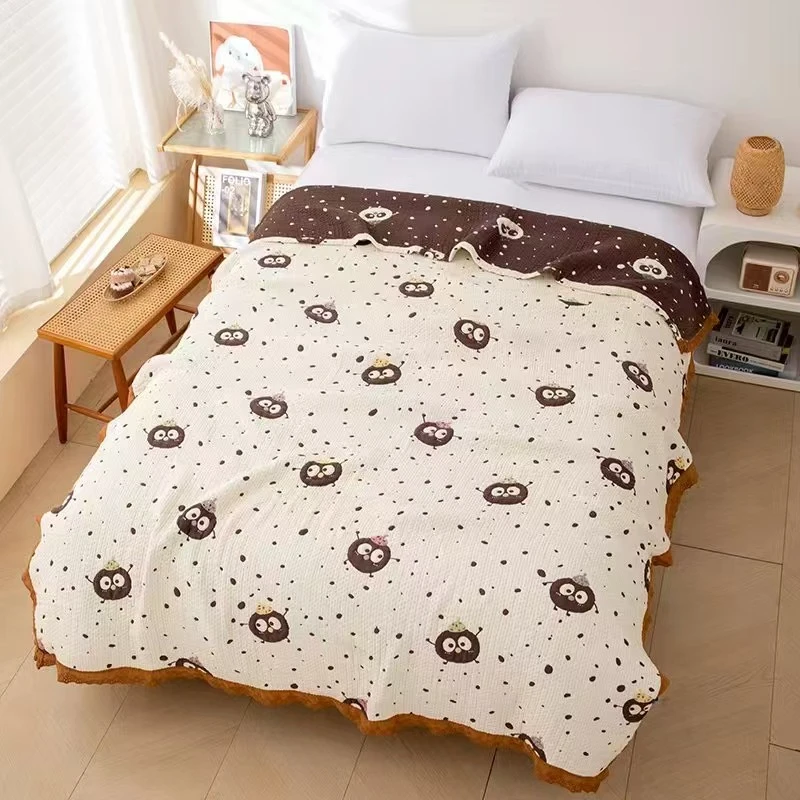 【小煤球】150*200蕾丝花边天丝棉纱布柔软透气毛巾被毛巾毯午休毯