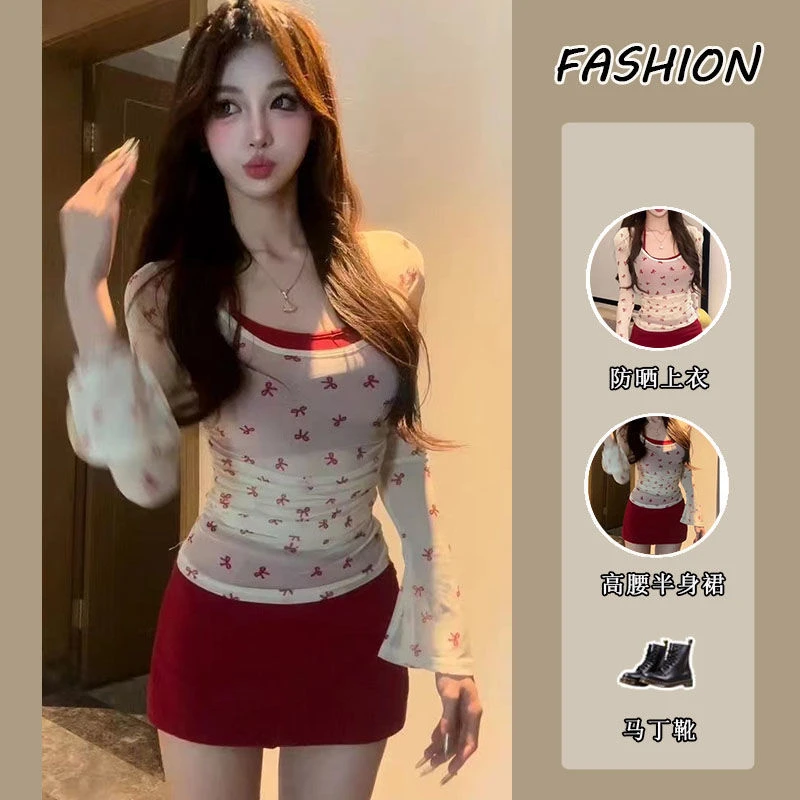 热款性感纯欲辣妹长袖T恤女网纱罩衫春秋季新款修身挂脖上衣三件