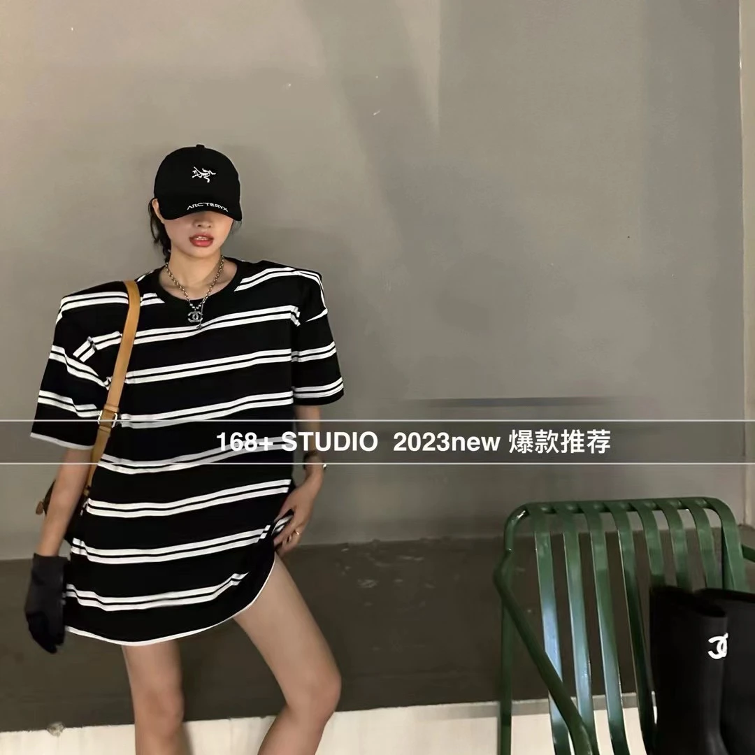 条纹撞色垫肩短袖t恤女2025夏季新款宽松大版中长款遮肚子上衣潮