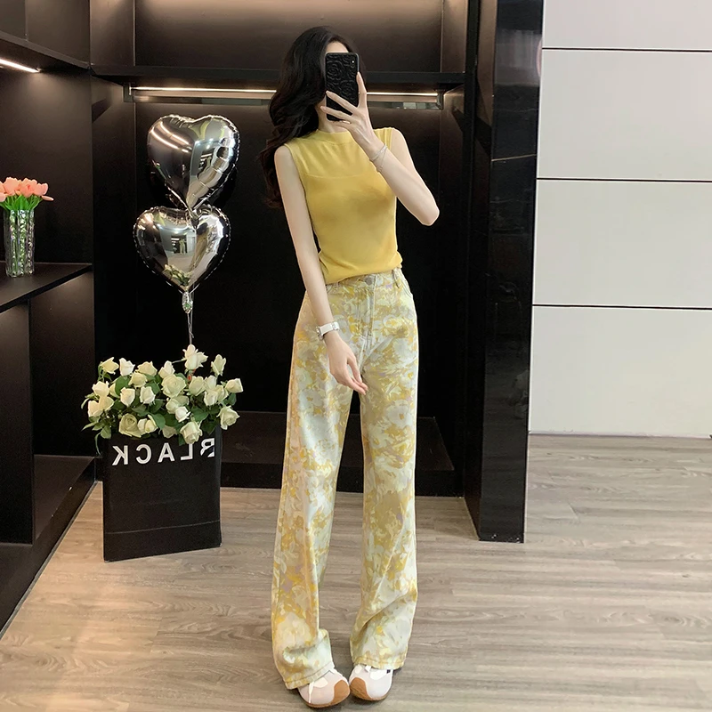 辣妹穿搭时尚套装女2025夏修身洋气无袖背心直筒阔腿牛仔裤两件套