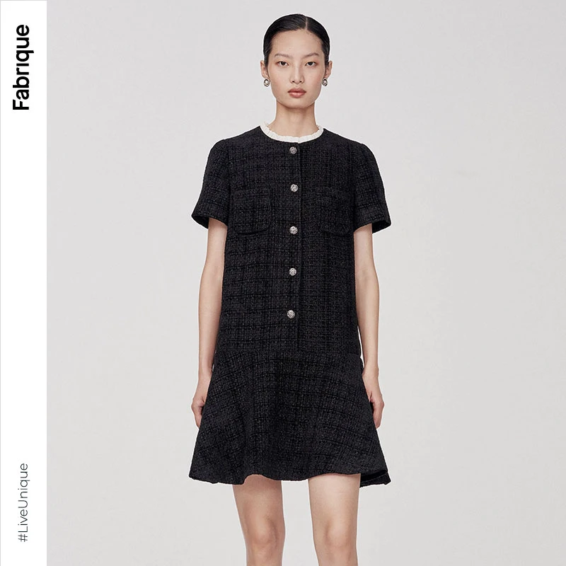 【Fabrique】气质千金风花呢连衣裙撞色领荷叶边短袖连衣裙老钱风