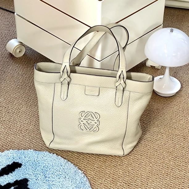 95新 LOEWE/罗意威 奶白色浮雕托特包极简时尚