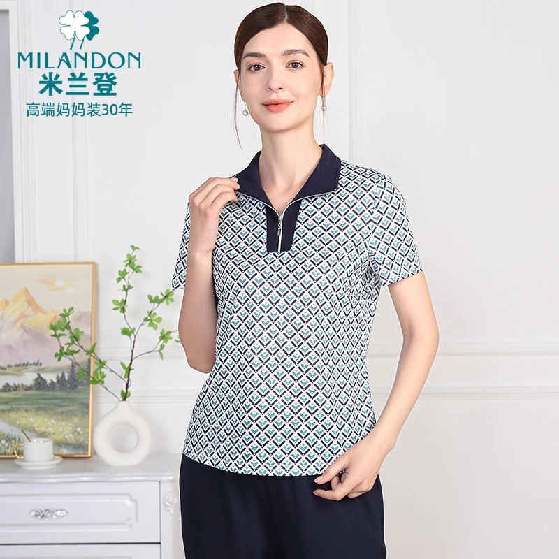MILANDON/米兰登夏季新款时尚印花休闲女透气翻领T恤薄3Q2T1133X