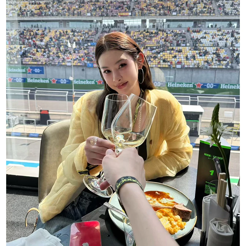 tingtings【柔软时光】仙气飘飘黄色网纱针织上衣女宽松薄款毛衣