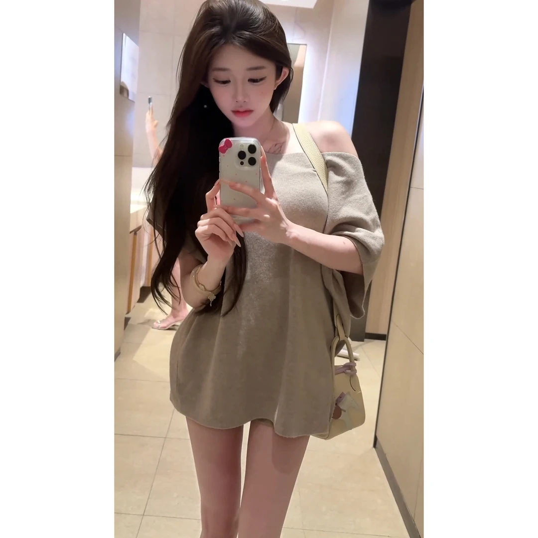 百搭软糯垂感宽松连肩袖斜肩针织T恤夏季新款百搭时髦显瘦上衣女