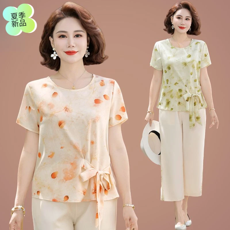 50岁60妈妈夏装雪纺短袖t恤洋气两件套2025新款中老年女夏季套装