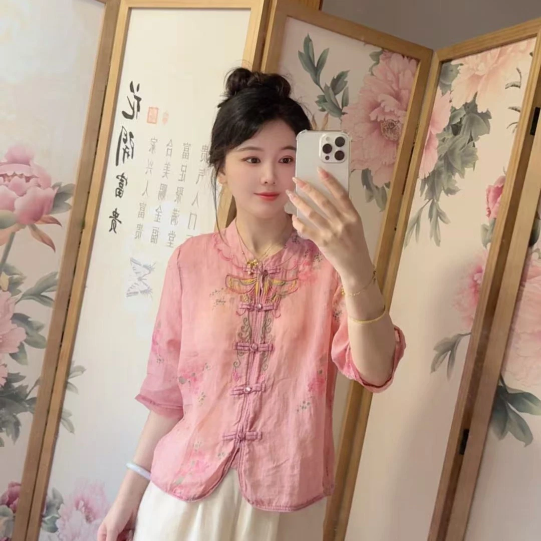 A163 国风中式盘扣刺绣上衣女2025夏季新款时尚百搭文艺女士衬衫