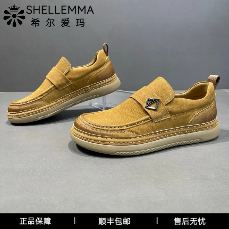 希尔爱玛轻奢男鞋牛皮歪头男鞋春款英伦风头层牛扒皮男士乐福鞋复