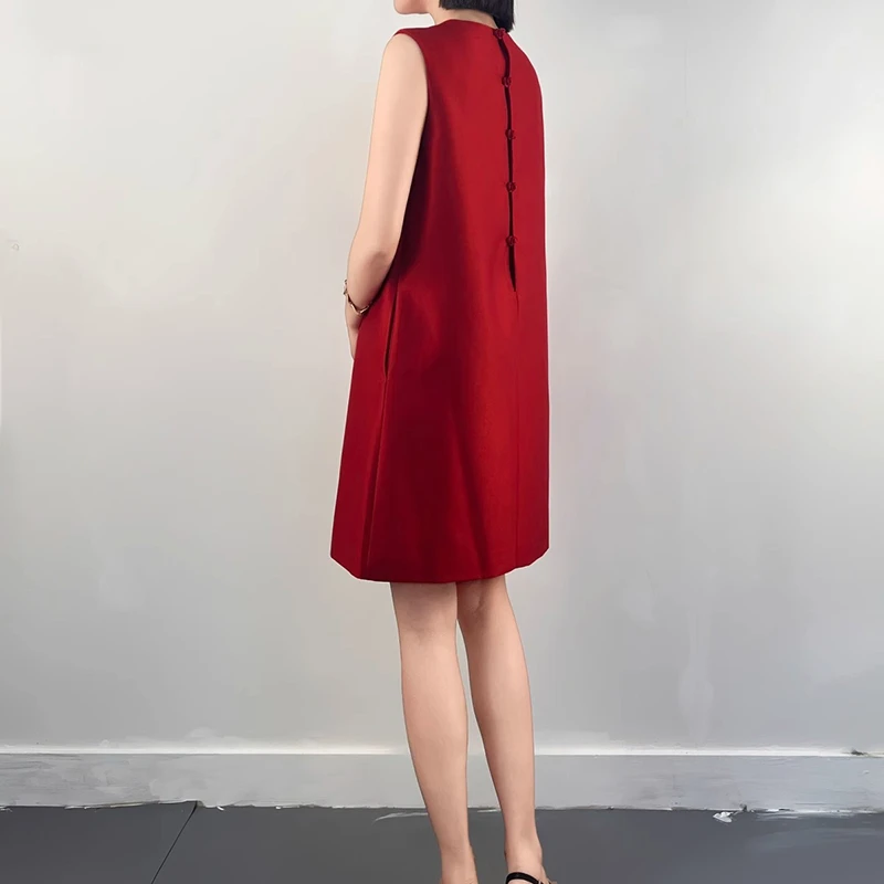 2025夏装新款圆领连衣裙女复古新中式盘扣无袖直筒裙连衣裙女