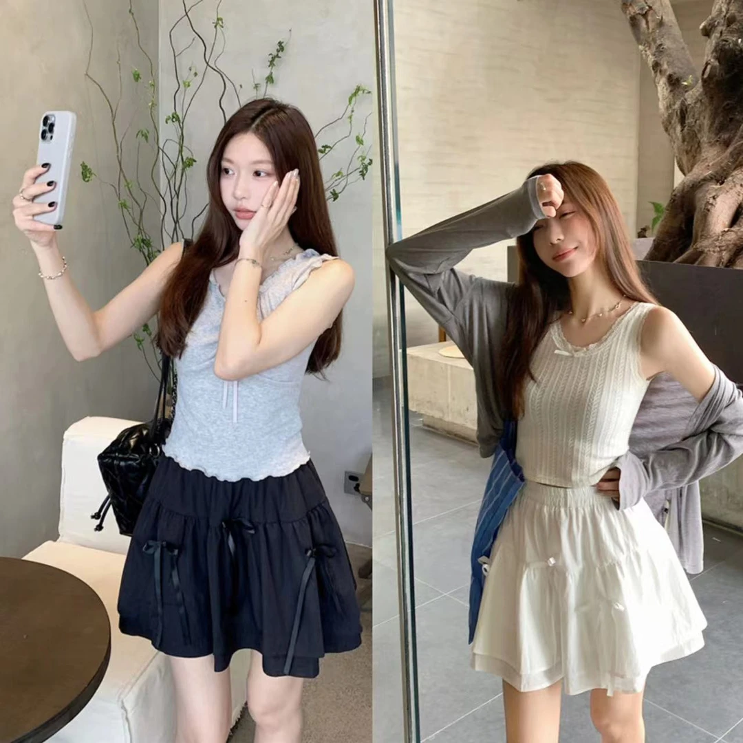 夏季高腰显瘦A字蝴蝶结短裙可爱蛋糕裙休闲百搭洋气短裙女5389#