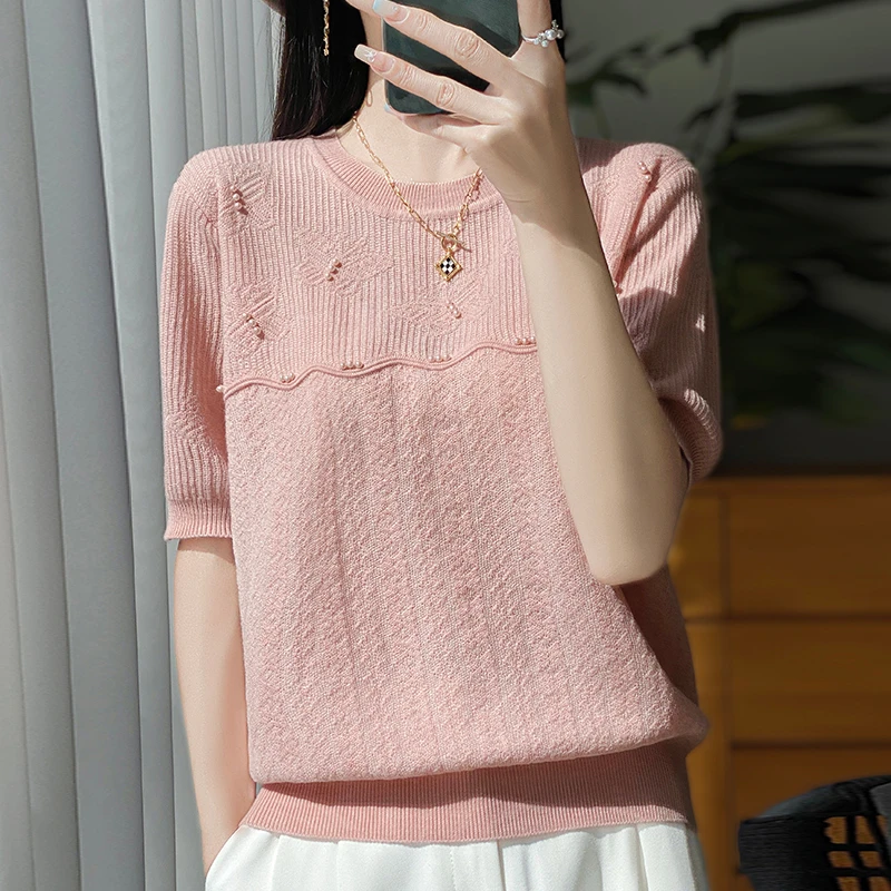 蝴蝶提花短袖t恤女夏季2025新款打底衫洋气大码女装冰丝针织上衣