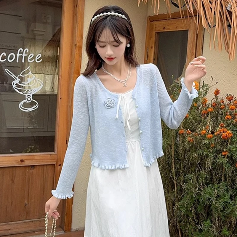 夏季新款甜美减龄时尚女花朵长袖针织开衫外搭披肩配吊带裙上衣