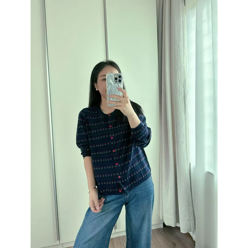 【若衣】桑蚕丝羊毛混纺小花提花圆领长袖单排扣毛衣开衫250483