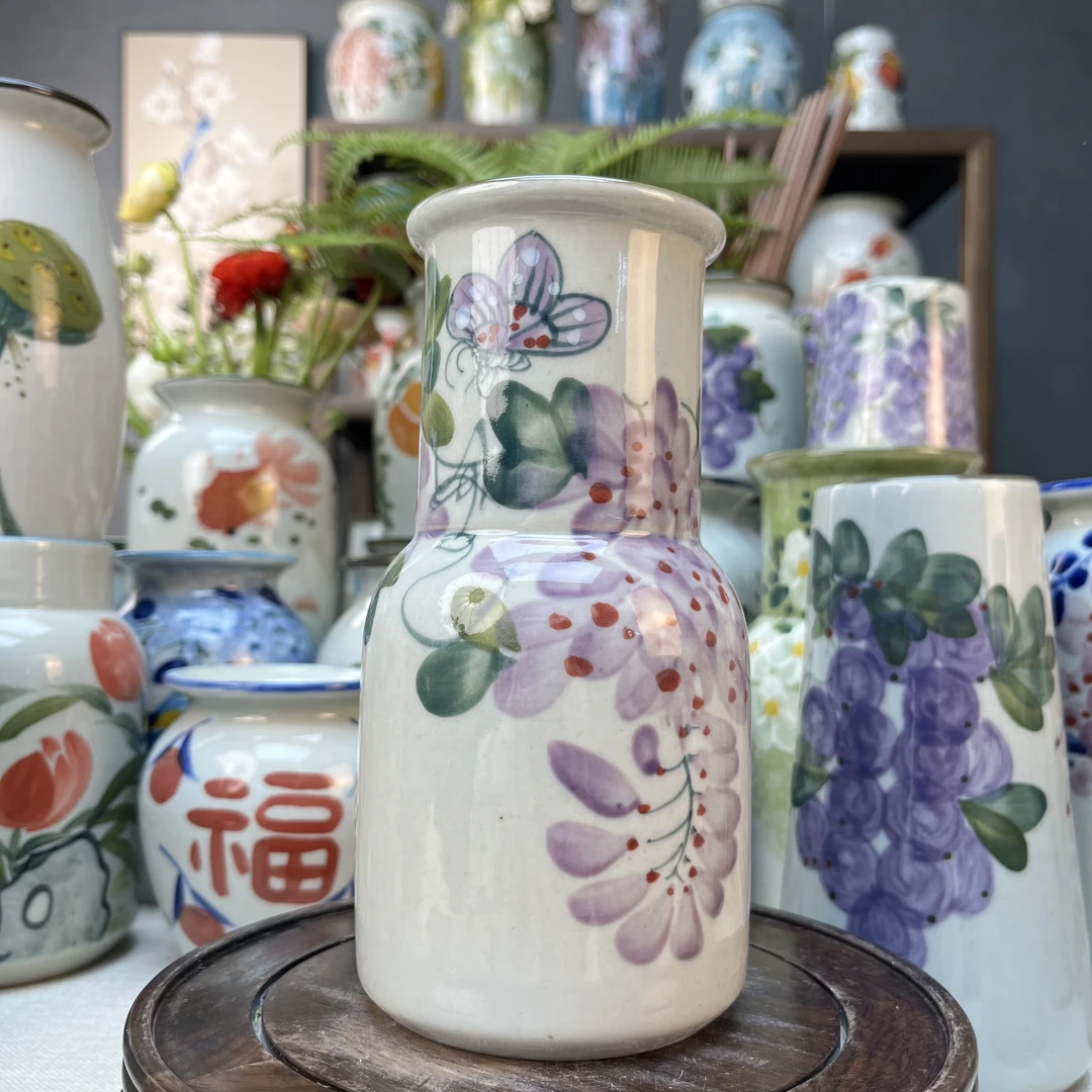 景德镇纯手绘无孔花瓶花器可水培水养鲜花绿植高18口7左右