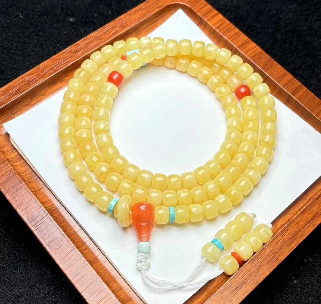 （花花珠宝）天然蜜蜡白花鸡油黄精工老型佛珠108