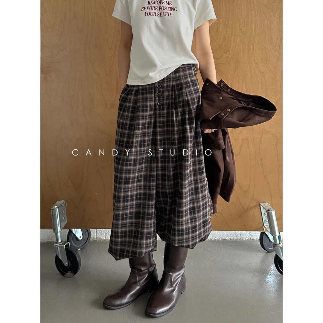 CANDY糖果-秋上新复古格纹宽松直筒裤休闲裤E9531