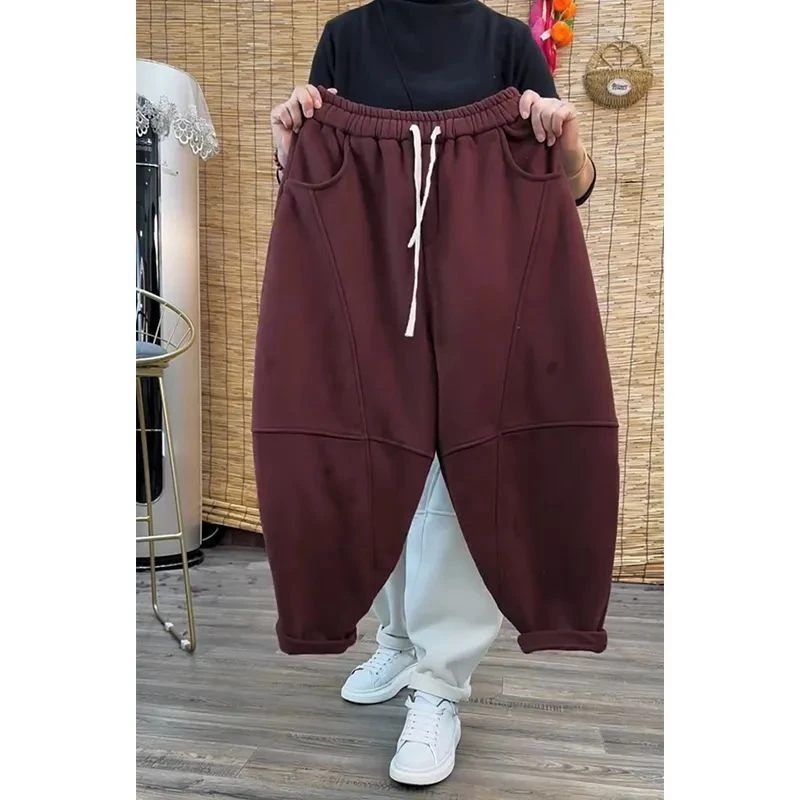 Y秋冬新款加绒加厚显瘦抽绳九分工装休闲卫裤女