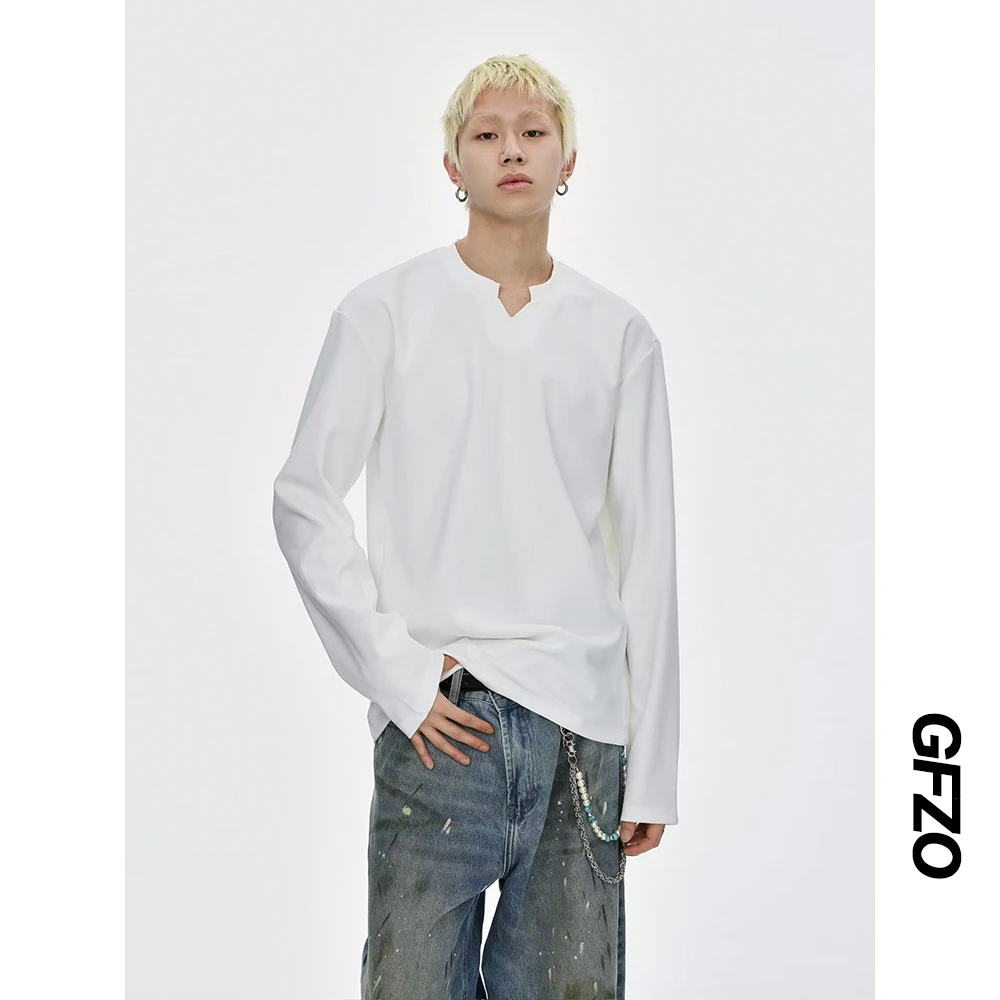 美式小V领白色T恤男春秋季长袖重磅2025新款亨利领正肩打底衫