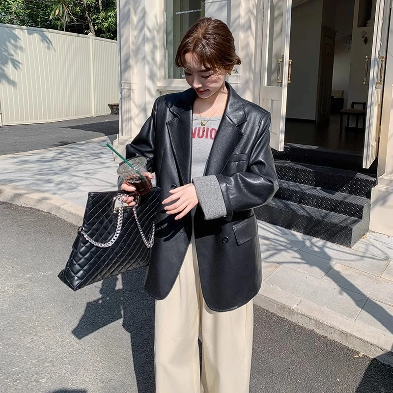 2025春秋黑色复古PU皮衣西装外套女新款宽松休闲气质炸街百搭上衣