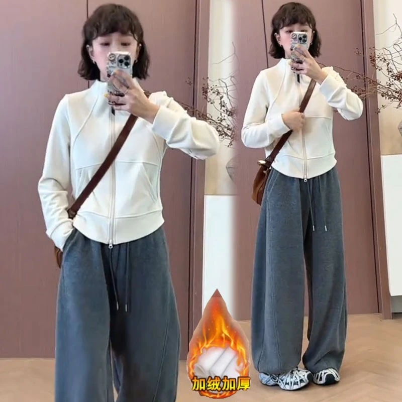 加绒加厚时尚套装女秋冬新款洋气显瘦立领卫衣阔腿裤休闲两件套