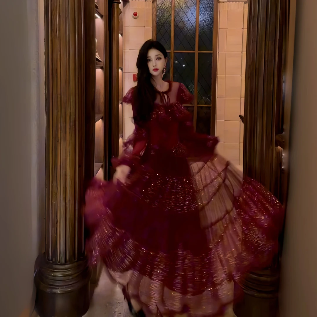 亚町家原创珠片绣拼接网纱显瘦连衣裙气质2841轻奢高贵仙气