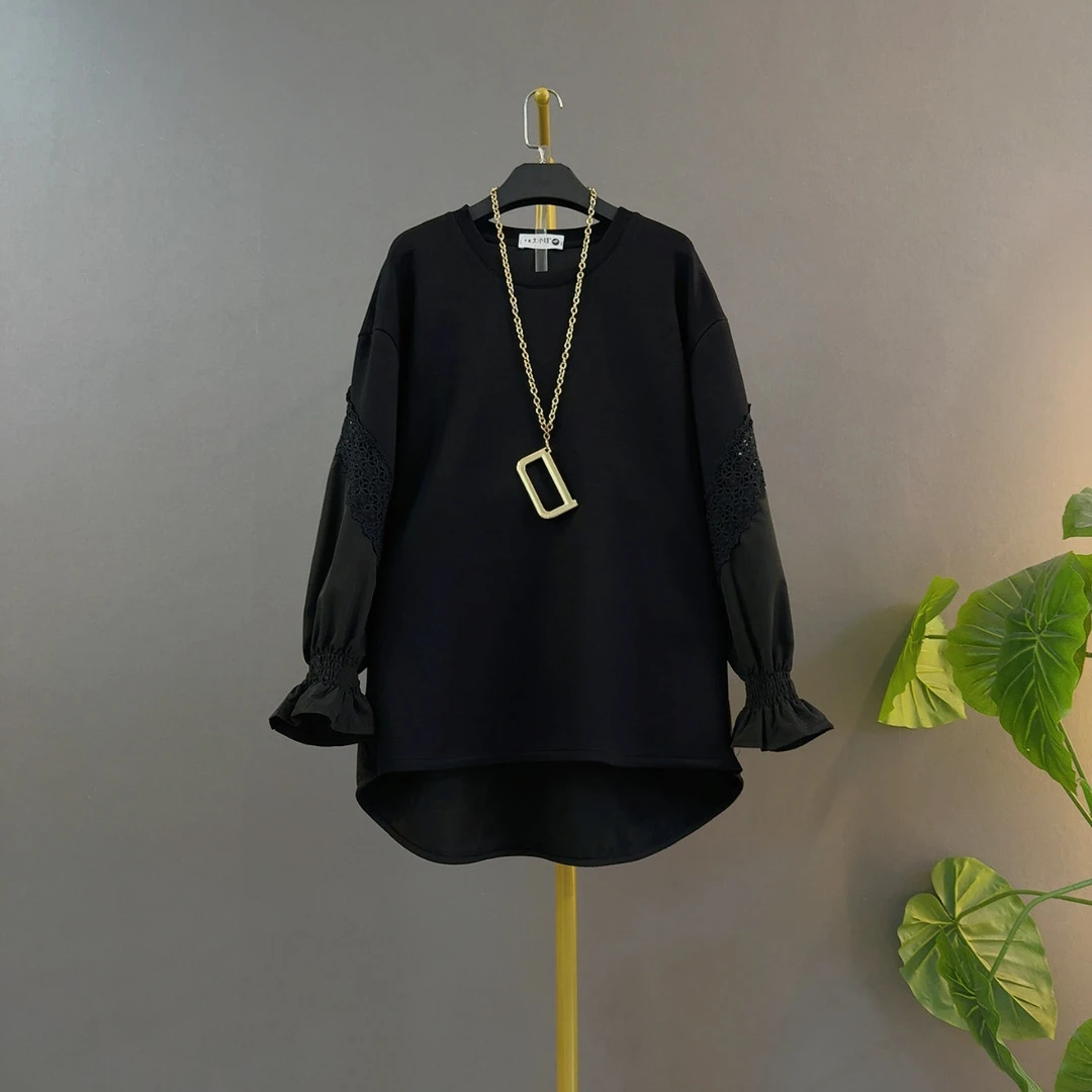 欧货时尚秋季镂空长袖蕾丝拼接显瘦遮肉前短后长大码女装上衣T恤