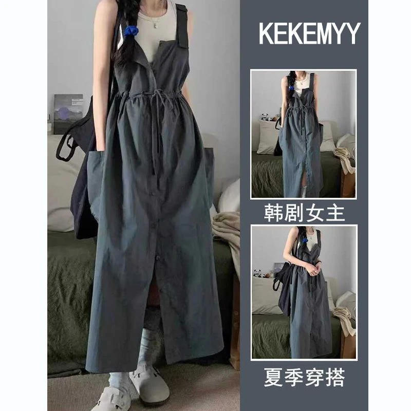 2025夏季新款韩剧穿搭工装背带连衣裙设计感显瘦百搭背心两件套装