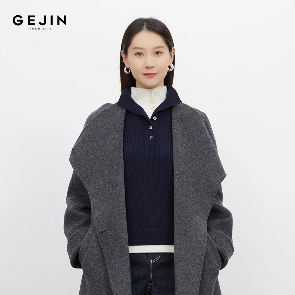 GEJIN/秋冬新款长袖小V领休闲女撞色设计针织衫9432562448