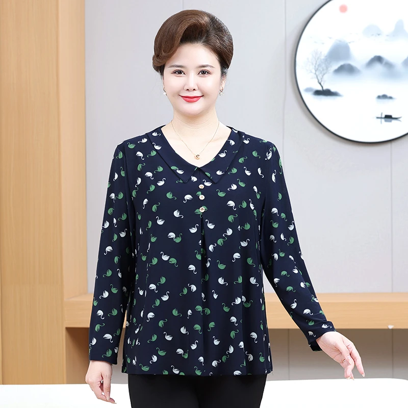 时尚妈妈装春秋长袖T恤女宽松大码显瘦娃娃领翻领减龄上衣女