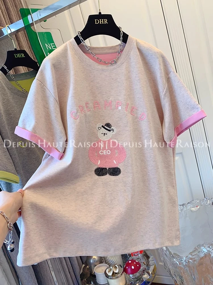 特大码300斤夏季2025新款刺绣T恤女宽松小熊撞色短袖胖mm显瘦上衣