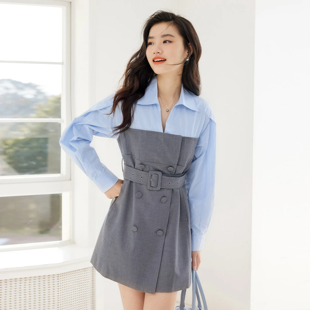 【备用链接】朗文斯汀撞色衬衫拼接收腰连衣裙LDML31115224