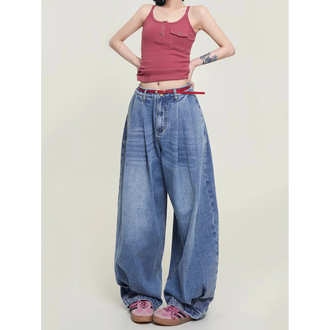 VUMP复古水洗高腰阔腿直筒牛仔裤女春夏季韩系设计感宽松拖地长裤