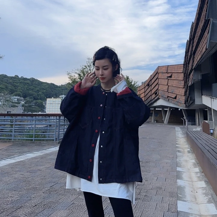 【芬姐精选】圆领宽松潮流风单排扣撞色拼接棉外套上衣牛仔春季百搭