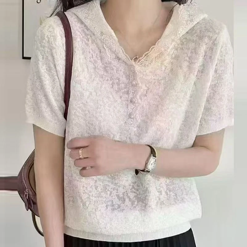 2025春夏新款女气质蕾丝短袖针织衫连帽洋气百搭宽松清新洋气上衣