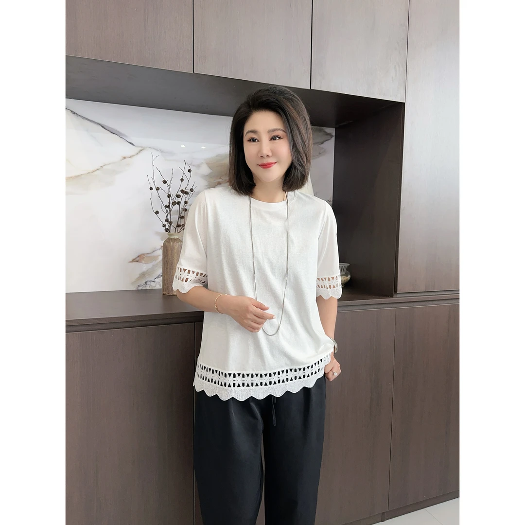 微胖女装【袖间微风】新款袖口镂空花边雪花棉T恤显瘦短袖上衣20632