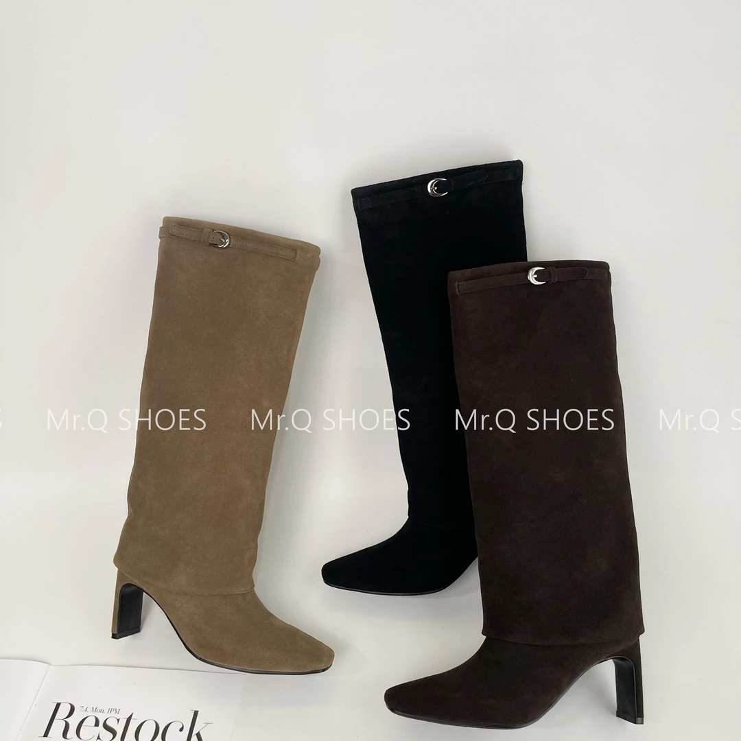 34-40码/跟高6cm/黑棕杏/秋冬小方头翻皮裤管靴时装靴