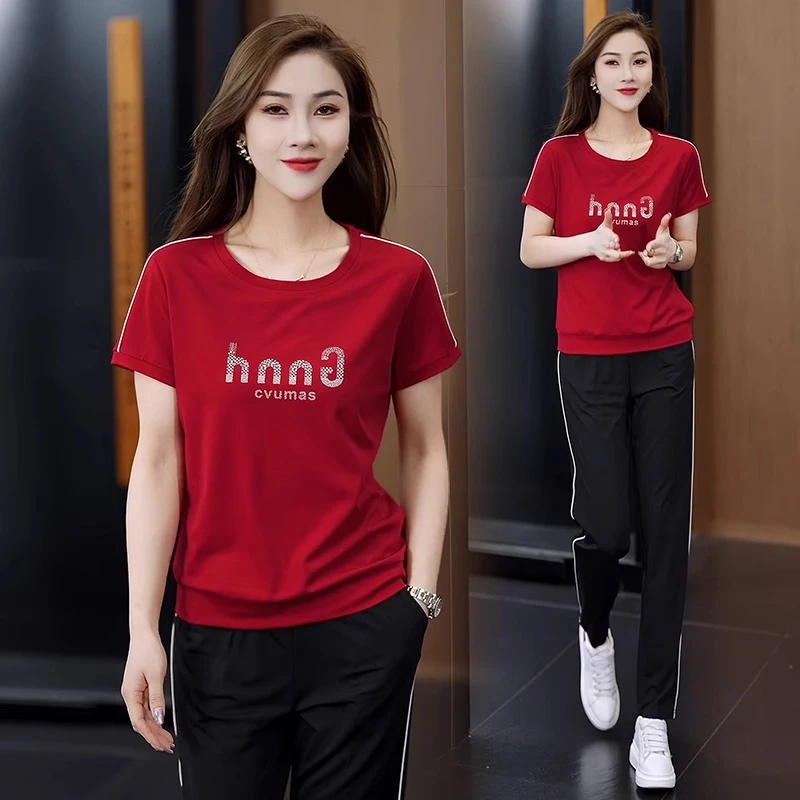 红色字母圆领运动休闲套装女2025夏季新款长裤短袖显瘦一整套穿搭