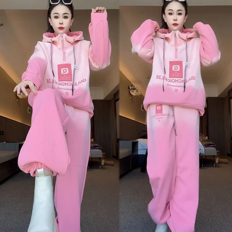 2025春季新款时尚套装女渐变宽松大码连帽卫衣休闲运动长裤两件套